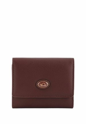 Brown textured leather wallet with a rectangular shape, featuring a central logo accent and a flap closure. Compact design for convenience.