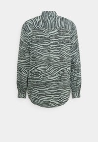 Langærmet skjorte i lys grøn med sorte zebra-striber, præget af en klassisk krave og diskrete detaljer bagpå. Blødt, struktureret stof.