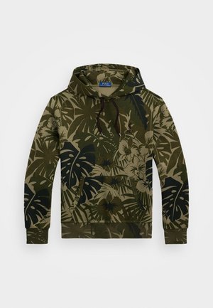 Sweat à capuche vert avec des motifs de feuilles tropicales et de fleurs vert foncé, poche avant et cordons noirs.