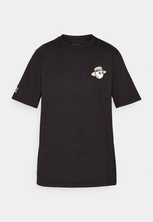 Schwarzes Baumwoll-T-Shirt mit Rundhalsausschnitt, kurzen Ärmeln und einem gestickten Eulengrafik, die einen Strohhut trägt, auf der linken Brust.