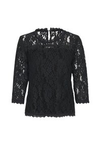 Black lace shirt with three-quarter sleeves, scalloped neckline and hem, featuring a floral pattern and a keyhole closure at the back.
