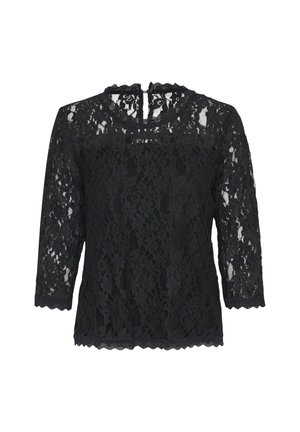 Chemisier en dentelle noire avec des manches trois-quarts, col et ourlet festonnés, présentant un motif floral et une fermeture en forme de clé au dos.