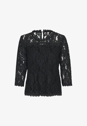 Camisa de encaje negra con mangas de tres cuartos, cuello y dobladillo en forma de ondas, que presenta un patrón floral y un cierre en forma de ojal en la parte posterior.