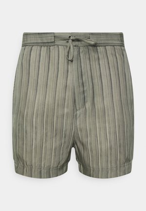 Pantaloni da bagno da uomo realizzati in tessuto leggero, caratterizzati da strisce verticali in toni verdi e grigi smorzati, con vita elasticizzata e coulisse.