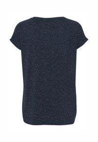 Chemise à manches courtes bleu marine avec des taches, col rond et texture légèrement chinée, vue de dos.