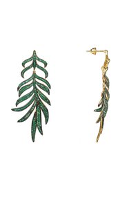 Gold-tone earrings designed as a leafy branch, featuring green rhinestones on the surface and a textured finish, showcasing elegant curves.