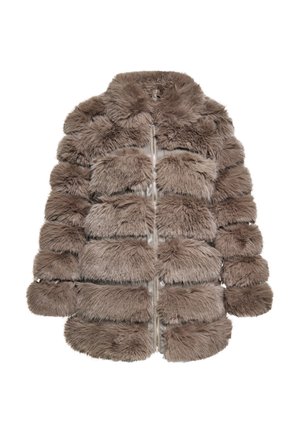 Jachetă din blană artificială de culoare maro deschis, cu fermoar frontal, având un model în dungi format din secțiuni pufoase și tuftate și un guler rotund.