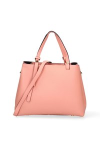Borsa a mano in pelle rosa con doppio manico superiore e tracolla rimovibile. Presenta una finitura testurizzata e dettagli in metallo dorato.