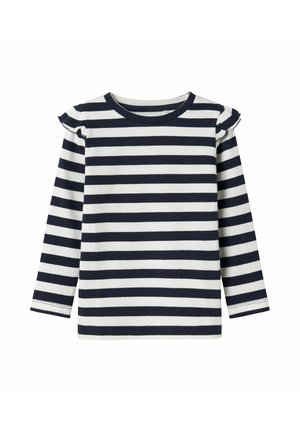Navy and white striped long-sleeve top with a ribbed texture and frill accents at the shoulders, round neckline, and straight hem.