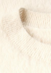 Cremiger, flauschiger Pullover mit geripptem Halsausschnitt und weicher Textur, der seinen leichten, gemütlichen Stoff und die sanfte Flauschigkeit hervorhebt.