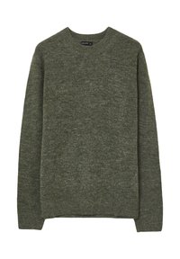 Grüner Strickpullover mit rundem Ausschnitt, langen Ärmeln und strukturiertem Stoff. Keine sichtbaren Muster oder Hardware-Details.