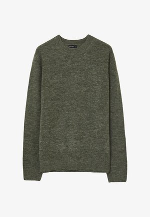 Green knitted sweater with a rounded neckline, long sleeves, and a textured fabric. No visible patterns or hardware details.