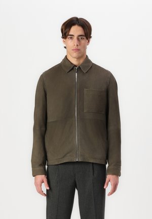 Olive green leather jacket with a point collar, front zipper, and a chest pocket. Features smooth texture and fitted silhouette.