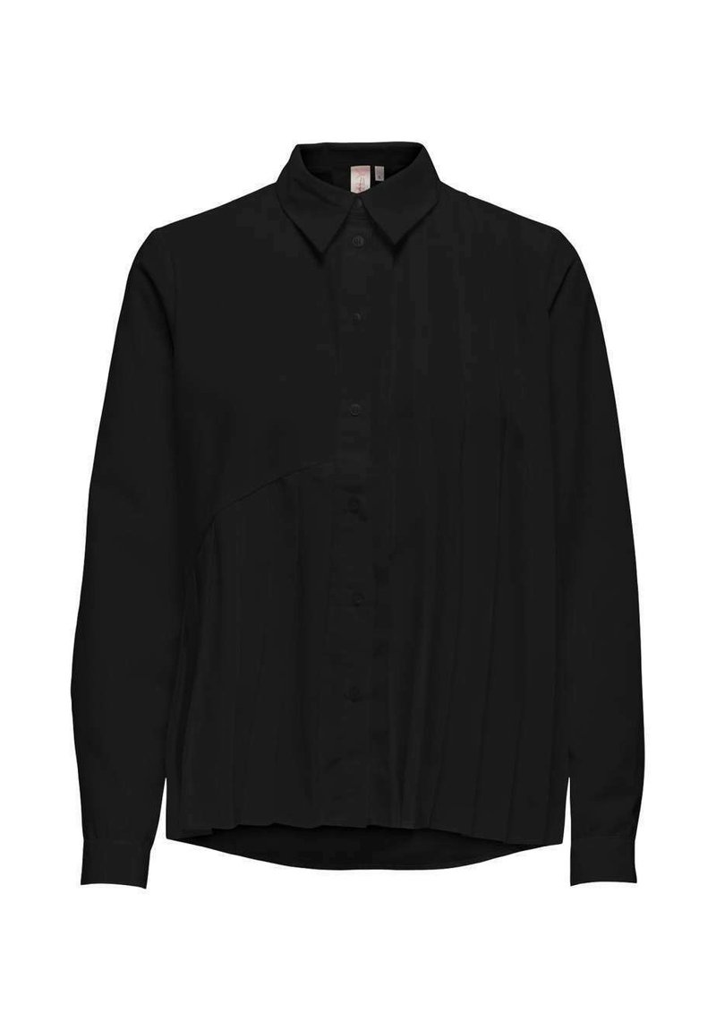 Maglietta nera a maniche lunghe con colletto, chiusura frontale con bottoni e un sottile dettaglio plissettato sui lati, realizzata in tessuto morbido.