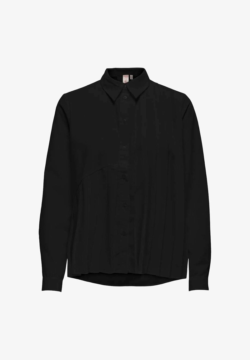 Maglietta nera a maniche lunghe con colletto, chiusura frontale con bottoni e un sottile dettaglio plissettato sui lati, realizzata in tessuto morbido.
