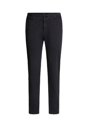 Schwarze Baumwollchinos mit slim fit. Verfügt über einen Knopfverschluss, Gürtelschlaufen und Seitentaschen. Glatte Textur und keine sichtbaren Muster.