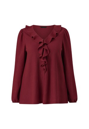 Bordeaux blouse van een textuurstof, met een V-hals en een ruche kraag. Lange mouwen met gerimpelde manchetten. Casual fit ontwerp.