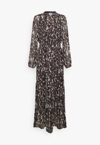 Lång, genomskinlig klänning i ett brunt och vitt prickigt mönster. Har hög halsringning, långa ärmar och en flödande silhuett.