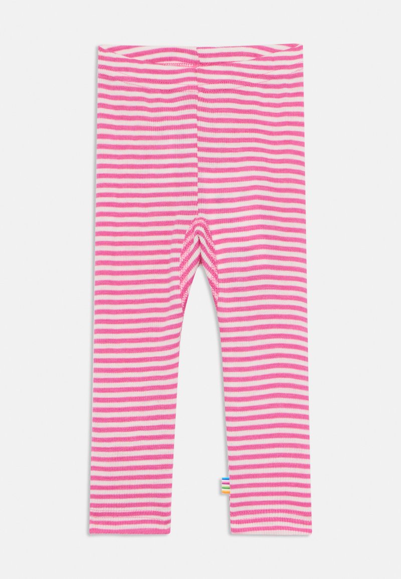 Rosa og hvite stribede leggings laget av et elastisk materiale. Har en elastisk midje og et lite flerfarget merke på sømmen.