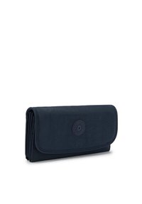 Navy blue fabric wallet with a flap closure, featuring a circular emblem and textured surface. Compact design with visible stitching details.