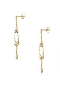 Zelta auskari, kas veidoti kā drošības sprādze, ar teksturētu dizainu un mazu skaidra akmens akcentu beigās detaļām.