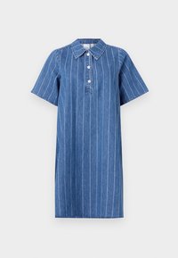 Denim kleita ar apkakles dekoltē, īsām piedurknēm, priekšējo pogu aizdari un vertikālām baltām svītrām. Gaiši zila krāsa, līdz ceļgaliem.