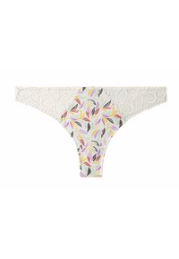 String en dentelle avec un motif floral dans des couleurs pastel sur un tissu léger. Présente des bords festonnés et des détails en dentelle élaborés sur la taille.
