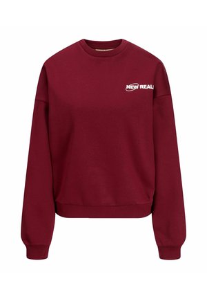 Bordeaux sweatshirt met een ronde halslijn, ribgebreide manchetten en zoom. Heeft een wit "NEW REALM" logo op de borst. Gemaakt van een katoenmix.