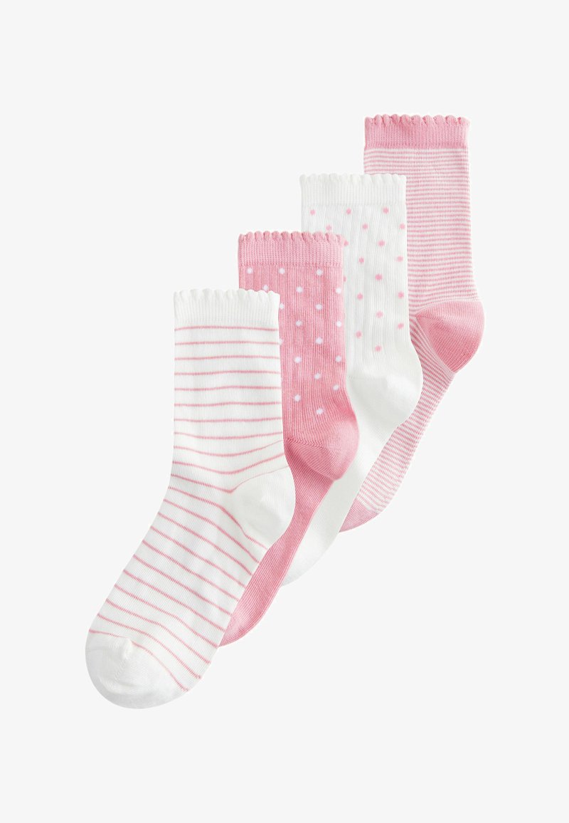 Quatre paires de chaussettes mi-mollet roses et blanches avec des motifs de rayures et de pois, disposées en rangée décalée.