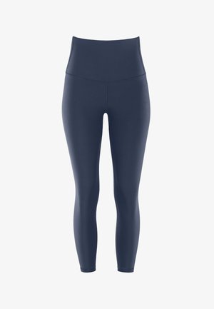 Leggings de talle alto en color azul marino, fabricados con un tejido elástico y suave; silueta ajustada con diseño de longitud hasta el tobillo y construcción sin costuras.