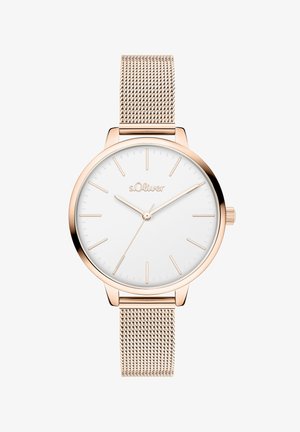 Runde, weiße Uhr mit einem Mesh-Armband aus roségoldfarbenem Edelstahl, minimalistischem Design und dünnen Markierungen. Der Markenname "s.Oliver" ist auf dem Zifferblatt zu sehen.