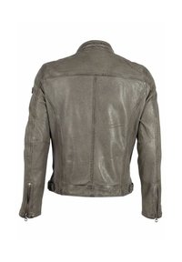 Veste en cuir gris avec une finition légèrement texturée, design ajusté, col montant et poignets zippés. Présente des détails de couture verticaux.
