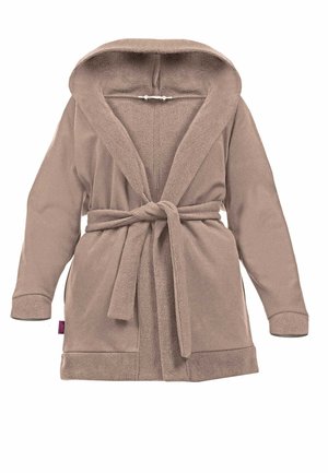 Fleece-Bademantel in hellem Taupe mit Kapuze, langen Ärmeln und einem Bindegürtel in der Taille. Verfügt über eine weiche Textur und einen großen Schalkragen.
