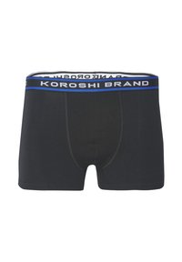 Melni kokvilnas bokseri ar zilu un baltu elastīgu jostu, uz kuras ir uzraksts "KOROSHI BRAND". Gluda tekstūra, pieguļošs dizains.
