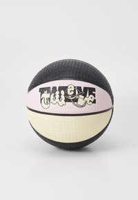 Black, pink, and cream basketball with textured surface. Features stylized black lettering on pink section. Distinct geometric pattern.