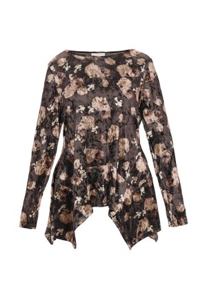 Langærmet, mørk blomsterbluse med en velourstruktur, i nuancer af brunt, beige og grønne blomster mønstre, og en buet, asymmetrisk kant.