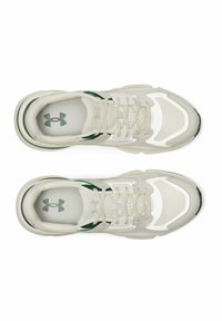 Baskets de sport gris clair avec des accents verts, dotées d'une tige en mesh, d'un système de laçage et d'une semelle en caoutchouc. Logo Under Armour sur la semelle intérieure.