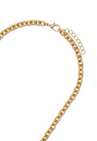 Złoty naszyjnik łańcuszkowy z ogniwami połączonymi ze sobą, z karabińczykiem oraz małym łańcuszkiem przedłużającym do regulacji długości.