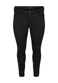 Svarta skinny jeans tillverkade av stretchigt tyg, med en åtsittande design, fem fickor och en knappstängning framtill.