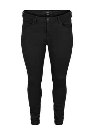 Zwarte skinny jeans gemaakt van rekbaar materiaal, met een aansluitend ontwerp, vijf zakken en een knoopsluiting aan de voorkant.