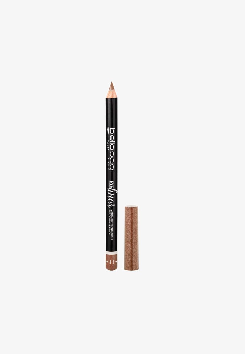 Matita eyeliner Bellanoggi in nero e oro rosa. Presenta una punta affilata, forma cilindrica e un cappuccio glitterato. L'indicatore di dimensione è visibile.