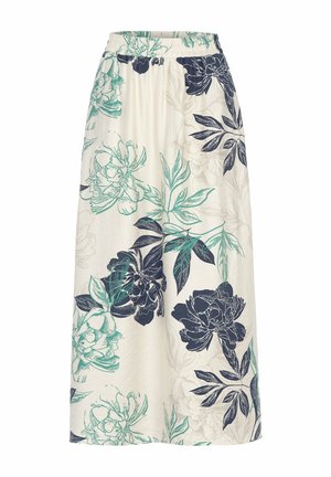 Kremfarvet nederdel med blå og grønne blomster- og bladmønstre, med elastisk taljebånd og midi-længde.