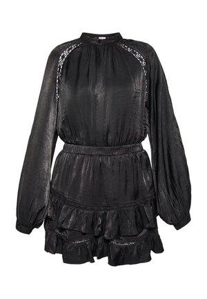 Musthave must-have väike must kleit pikkade varrukatega, valmistatud siledast kangast. Omab volangiga paela, volitatud vööd ja dekoratiivset pitsi aktsente õlgadel.