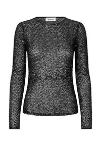 Μαύρη μπλούζα με μακριά μανίκια καλυμμένη με παγιέτες, στρογγυλή λαιμόκοψη, εφαρμοστή σχεδίαση, διάφανο ύφασμα, απαλή εσωτερική στρώση, casual αλλά ταυτόχρονα εντυπωσιακή εμφάνιση.