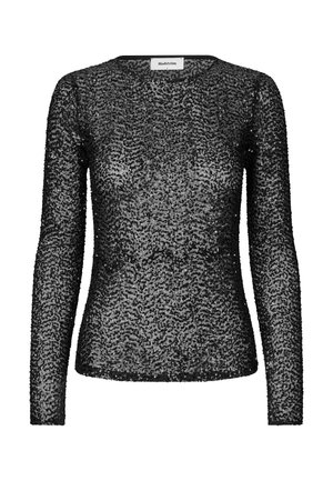 Blusa preta de mangas longas coberta de lantejoulas, decote redondo, design ajustado, textura transparente, camada interna suave, aparência casual mas chamativa.