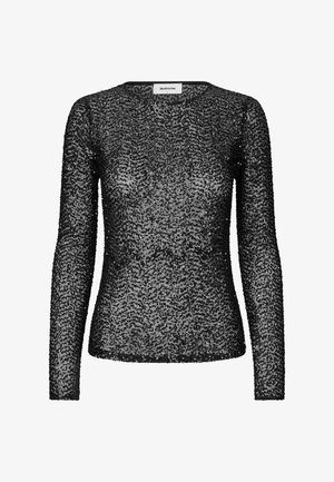 Top de manga larga negro cubierto de lentejuelas, con cuello redondo, diseño ajustado, textura transparente, capa inferior suave, apariencia casual pero llamativa.