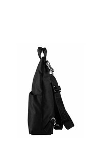 Borsa a spalla in tessuto nero con una tasca laterale, tracolla regolabile e hardware metallico. Presenta un design elegante e un materiale testurizzato.
