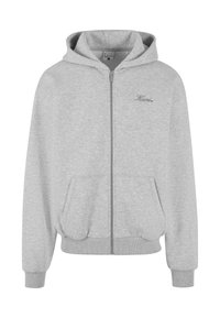 Felpa grigia con zip realizzata in tessuto morbido, dotata di un cappuccio foderato, due tasche frontali, polsini e orlo a coste, con un piccolo logo sul petto.