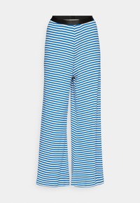 Pantalon à jambes larges rayé horizontalement en bleu et blanc avec une ceinture élastique noire, présenté de face sur un fond blanc.