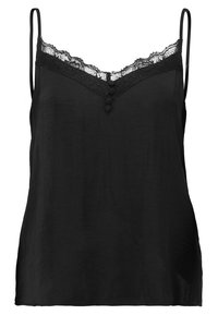 Camisola nera con spalline sottili, bordo in pizzo lungo il collo e dettagli decorativi con bottoni sul davanti. Tessuto morbido e vestibilità comoda.